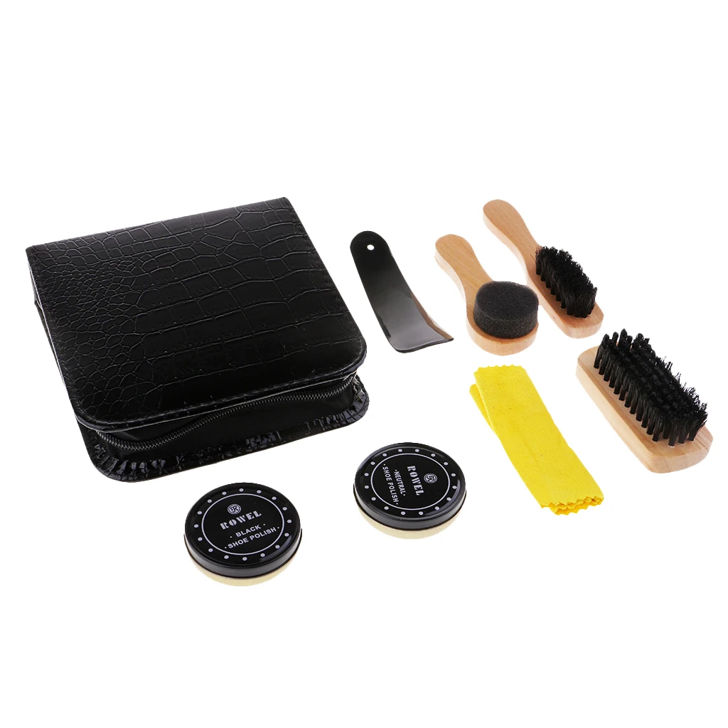 

7 In 1 Shoe Shine Care Kit With Leather Storage Case - Shoe Polish Brush Set