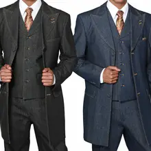 Мужские джинсы из хлопкового денима, костюмы, длинная куртка с отворотом, смокинги, 3 предмета