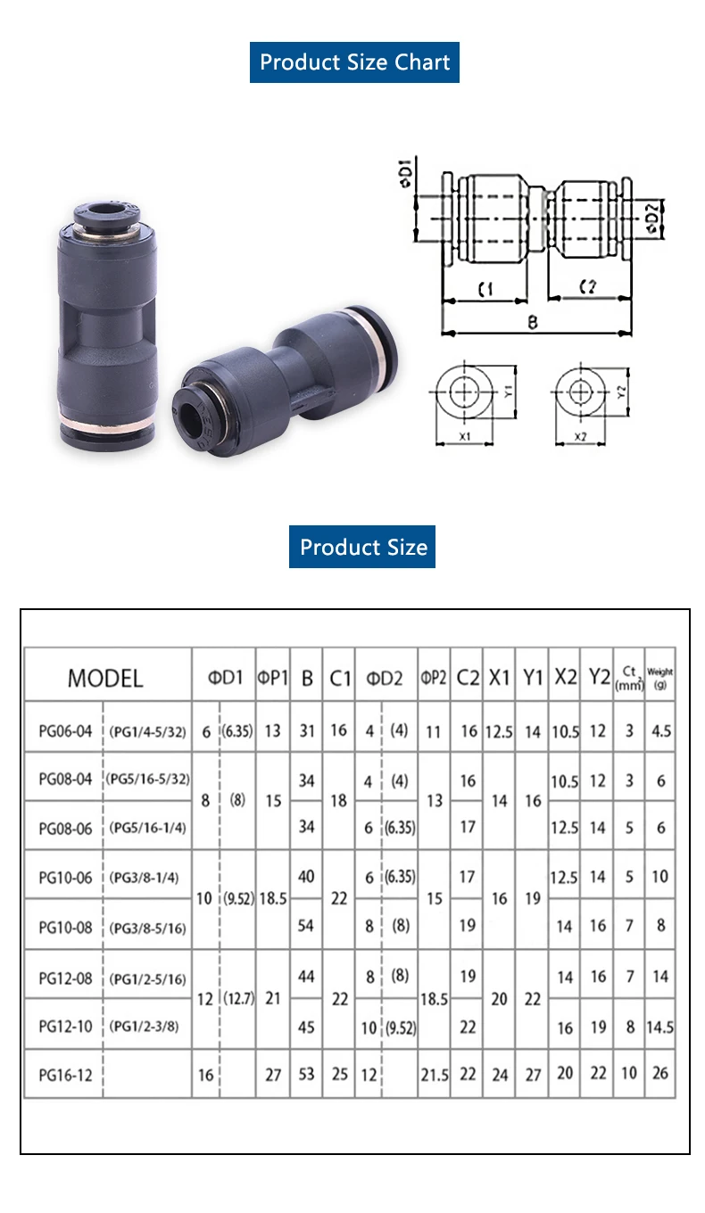 PG 10 шт 6-4 мм 8-4 мм 8-6 мм 10-6 мм 10-8 мм 12-8 мм 12-10 мм 16-12 мм прямой Юнион Редуктор фитинг пневматический нажмите для подключения воздуха