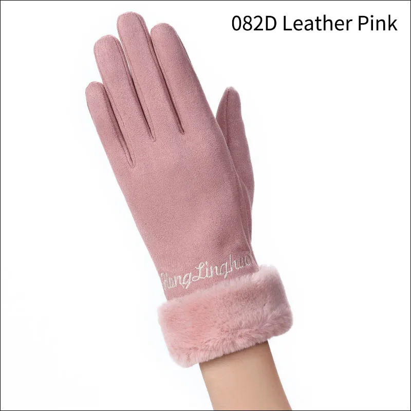 082D Leather Pink Зимние ветрозащитные перчатки с вышивкой милого медведя, замшевые теплые перчатки для сенсорного экрана, утепленные женские перчатки - Цвет: 082D Leather Pink