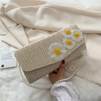 

Summer straw bag female 2020 new fashion woven small daisy one shoulder messenger pearl chain bag women bag hand bags