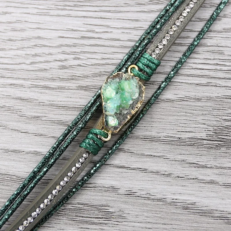 Leather Bracelets Charm Bracelet for Women Multilayer Druzy Vintage Feather