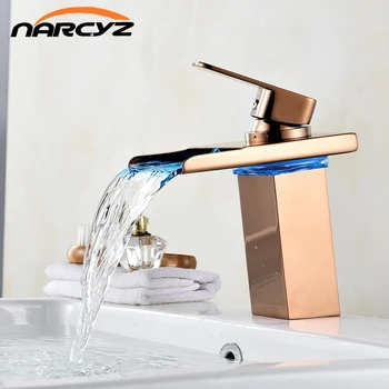 

Basin Faucets LED Light Rose Gold Waterfall Basin Tap for Bathroom Torneira Deck Mounted Hot and Cold Sink Mixer Tap A1020
