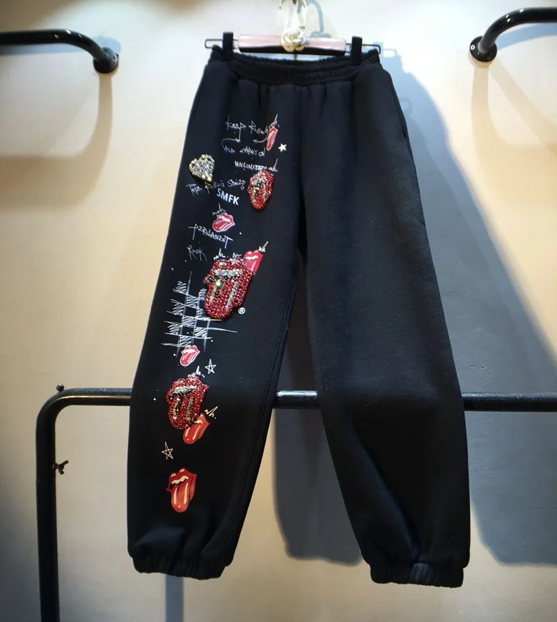 Европейская новая тяжелая промышленность алмазные бисероплетения Свободные флисовые хлопковые шаровары женские толстые теплые спортивные брюки для студентов
