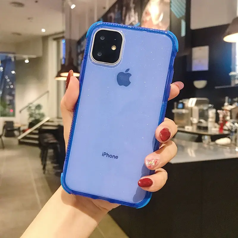 Blue Прозрачный блестящий порошковый чехол для телефона iPhone 11 Pro XR X XS Max 8 7 6 6S Plus Мягкий ТПУ противоударный Блестящий задний Чехол - Цвет: Blue