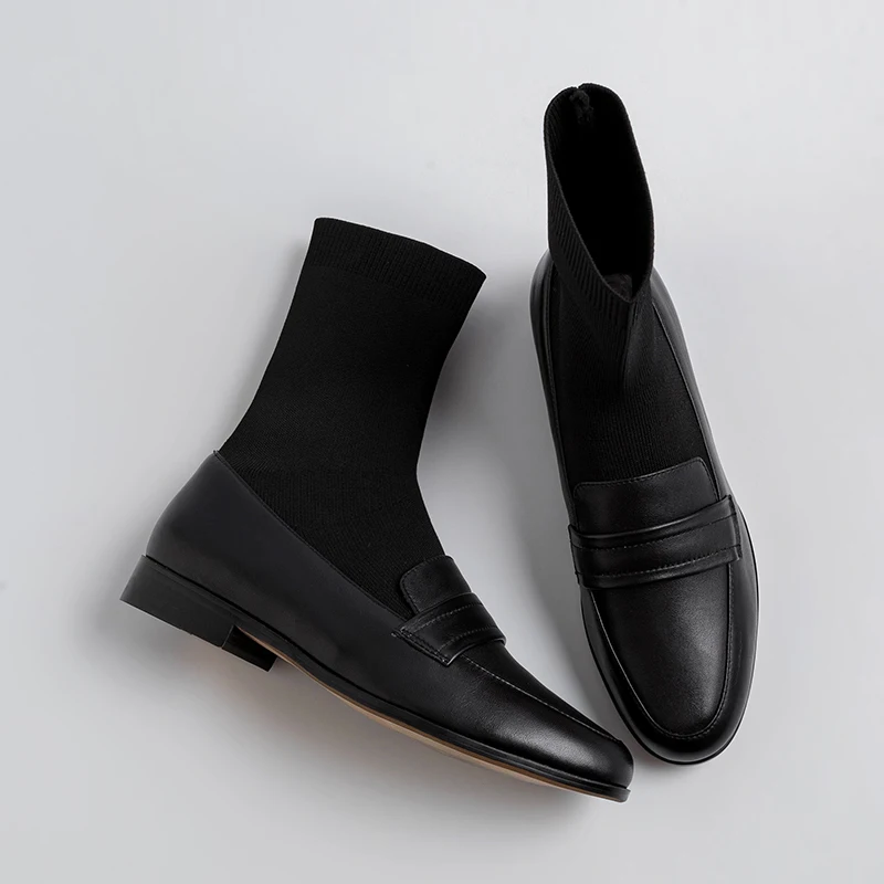 Women's genuine leather Stretch knitting patchwork slip-on flats autumn ankle boots leisure soft comfortable short booties shoes
