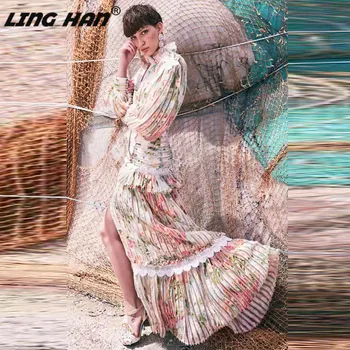 

LINGHAN Vacation Print Long Dress Fashion Stand Puff Sleeve Single-breasted Dresses Designer Autumn New
