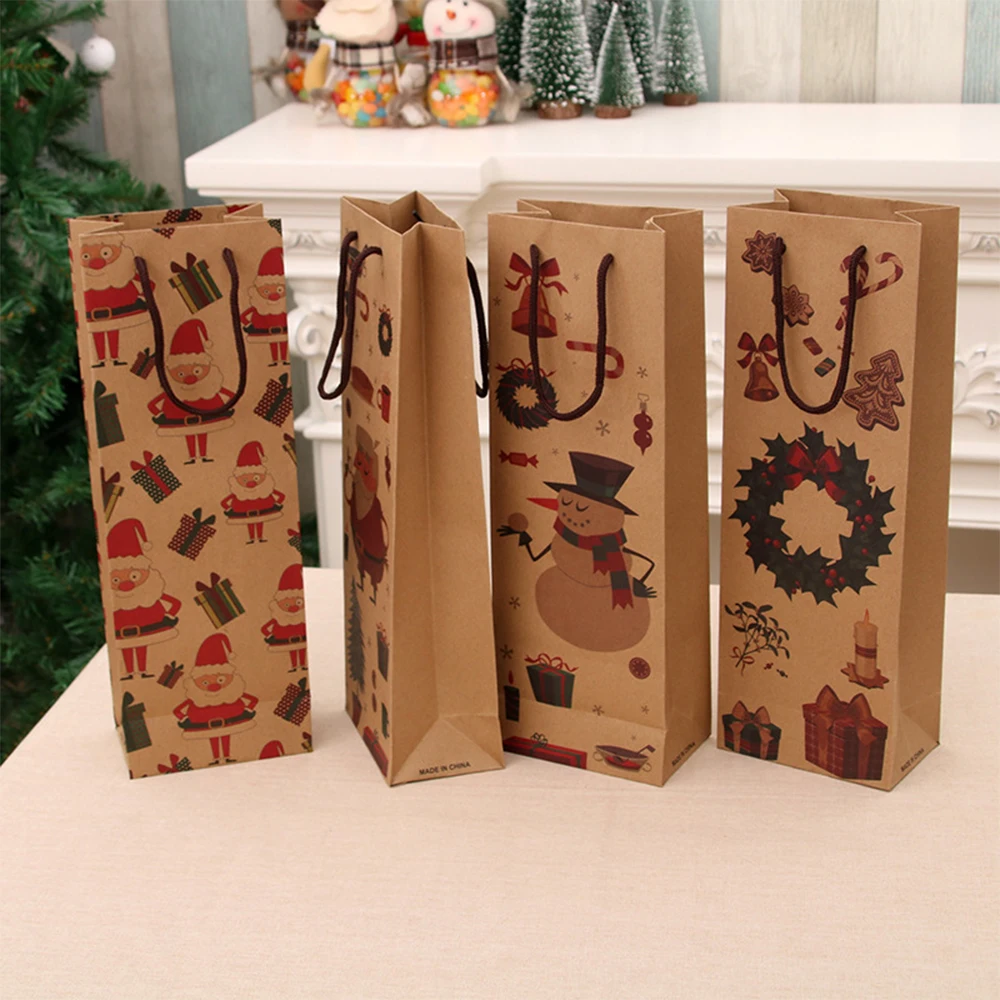 6 Pcs Christmas Gift Bags Reusable Christmas Wine Bottle Gift Bags Kraft Paper Shopping Bag Packing Bags with Handle