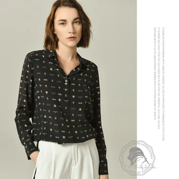 

100% Silk Fabric Insect Printed Lapel Silk Shirt Ladies Spring/Summer 2020 Star New Large Size Silk Harajuku