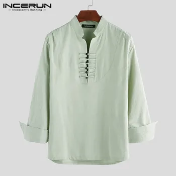 

INCERUN Vintage Long Sleeve Shirt Men Cotton Button Stand Collar Solid Color Casual Tops Ethnic Style Loose Camisa Men Shirts