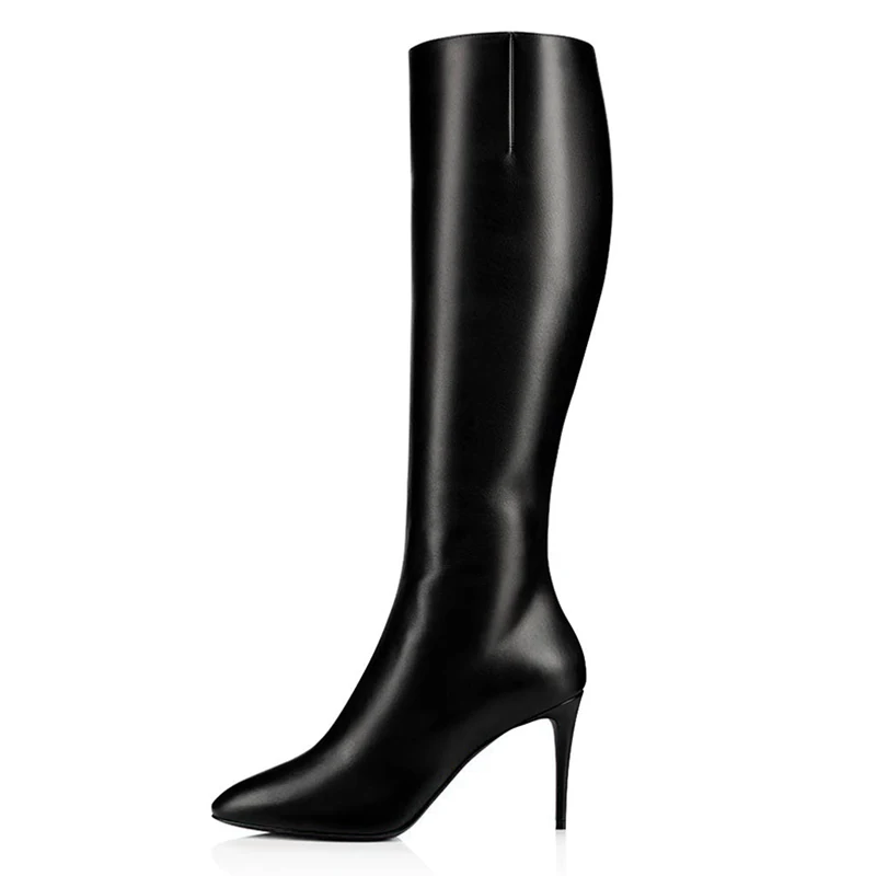 Сапоги до колена на высоком каблуке; высокие сапоги с острым носком; женские модные черные сапоги из искусственной кожи; Новое поступление; зимняя обувь на шпильке; ботинки больших размеров