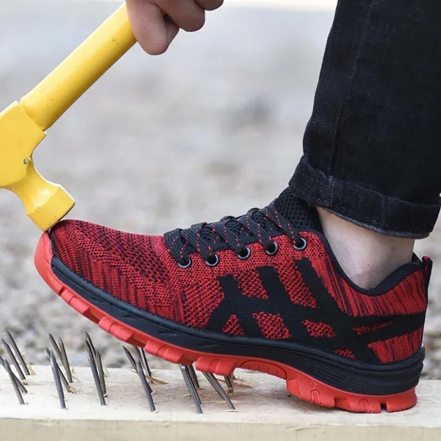 Autumn Safety Shoes steel toe Men, Fashion Anti-smashing Men's Work Shoes, Black Breathable Comfortable Sports Shoes seguridad Red