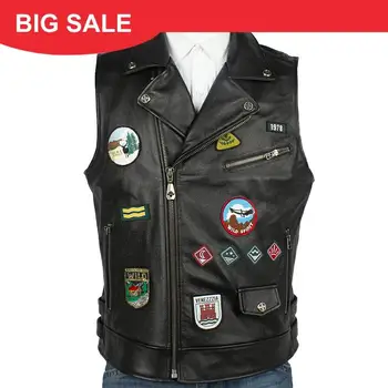 

2020 Black Men Slim Fit Biker's Leather Vest Plus Size XXXXL Genuine Cowhide Autumn American Style Motorcycle Leather Vest