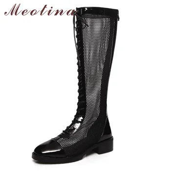 

Meotina Knee-High Boots Women Shoes Round Toe Block Heels Cutouts Long Boots Lace Up Zip Mid Heel Ladies Boots Autumn Black 43