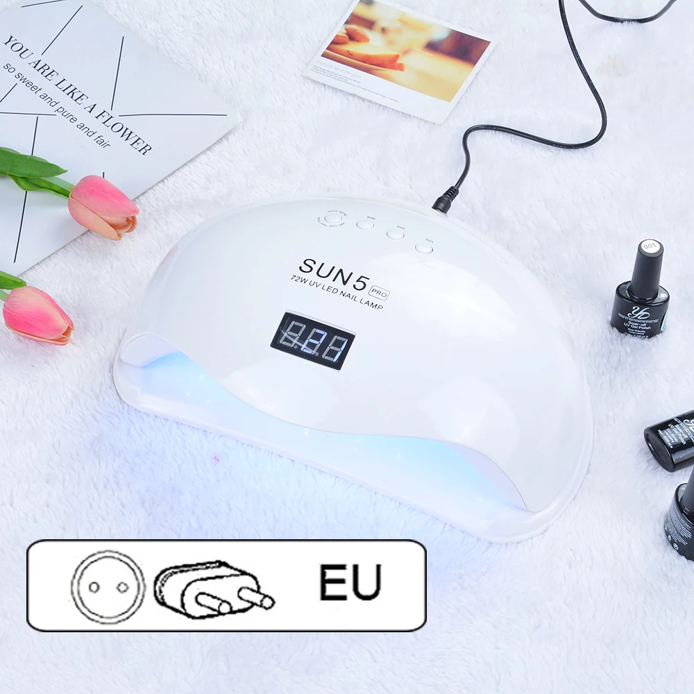 SUN5 Pro 72 Вт УФ лампа светодиодный лампа для ногтей Сушилка для ногтей для всех гелей для ногтей солнечного света инфракрасного зондирования 10/30/60s Timer смарт-лампа для маникюра - Цвет: 72W EU Plug