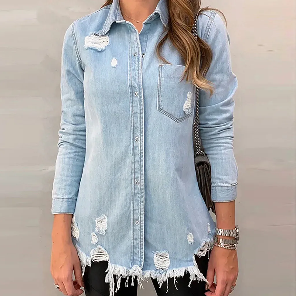 

JAYCOSIN Basic Coat Bombers Vintage Denim Jacket Women Cowboy Jeans 2019 Autumn Frayed Ripped Hole Outcoat Pockets Jean Jacket