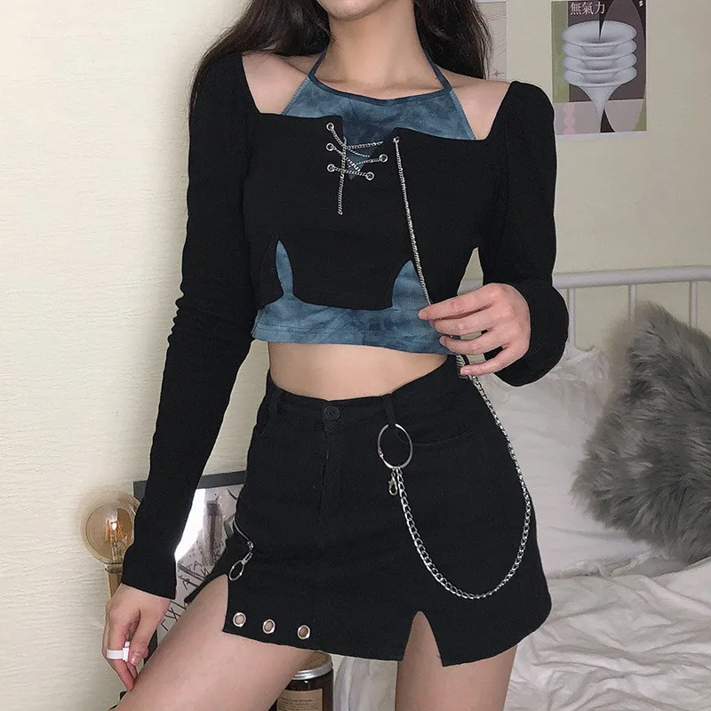 Goth Women's Long-sleeved Top Fake Two-piece Hollow Chain Short T-shirt High Street Ladies Sexy Pullover Street Wear