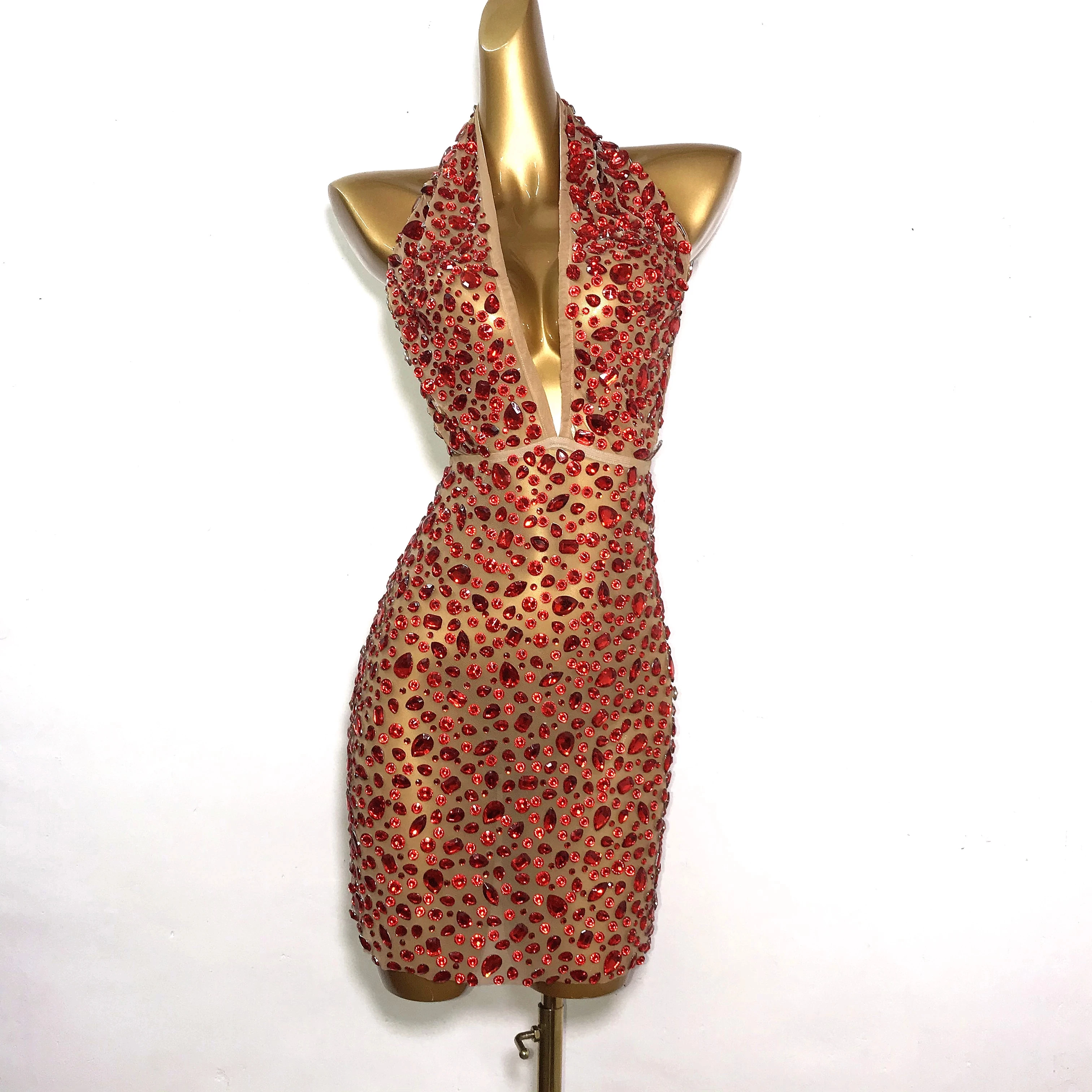 Strass Rossi Cristalli Singer Dress Dance Sexy Girl Evening Festeggia I Costumi Trasparenti Outfit Prom Birthday Dresses
