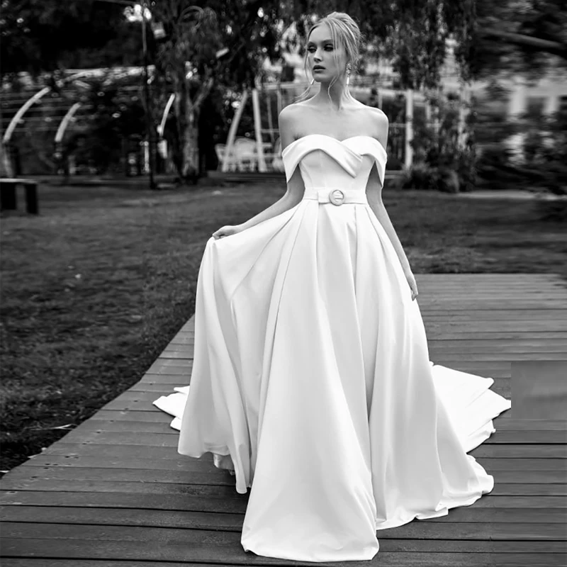 

Verngo A Line Wedding Dress Elegant Ivory Stain Wedding Gown Backless Off The Shoulder Bride Dress Robe De Mariee