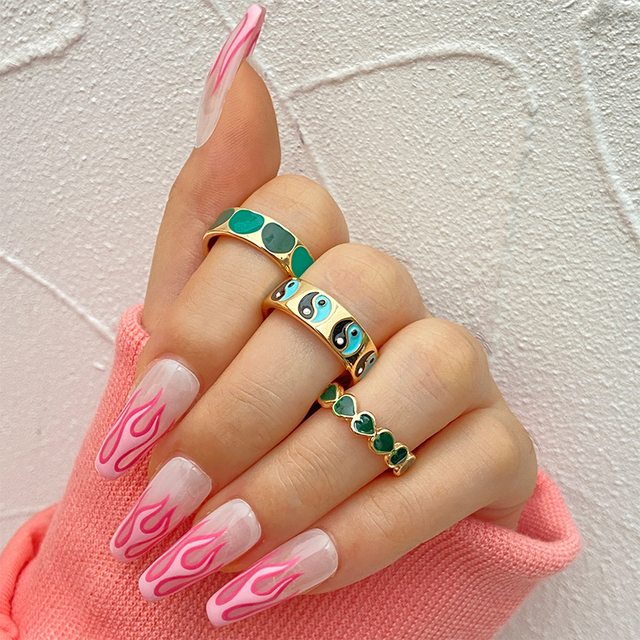 Heart Y2K Ring Set Open Cooper Rings For Women Candy Color Hand-painted Knuckle Rings Jewelry
