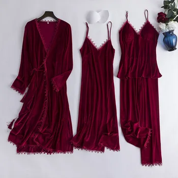 

Lace Autumn Velour 4PCS Nightwear For Women Long Sleeve Strap Sleepwear Sexy Casual Home Wear Solid Short Pajamas Set Lingerie