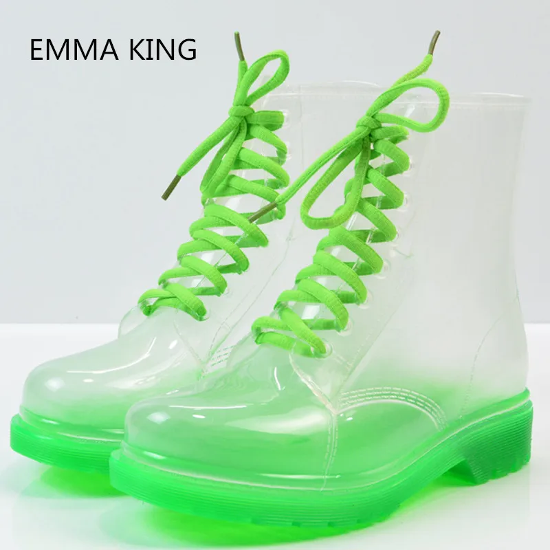 

2019 Autumn Neon Green PVC Transparent Ankle Boots Women Round Toe Flat Heels Shoes Woman Fashion Cross-Tied Platform Rain Boots