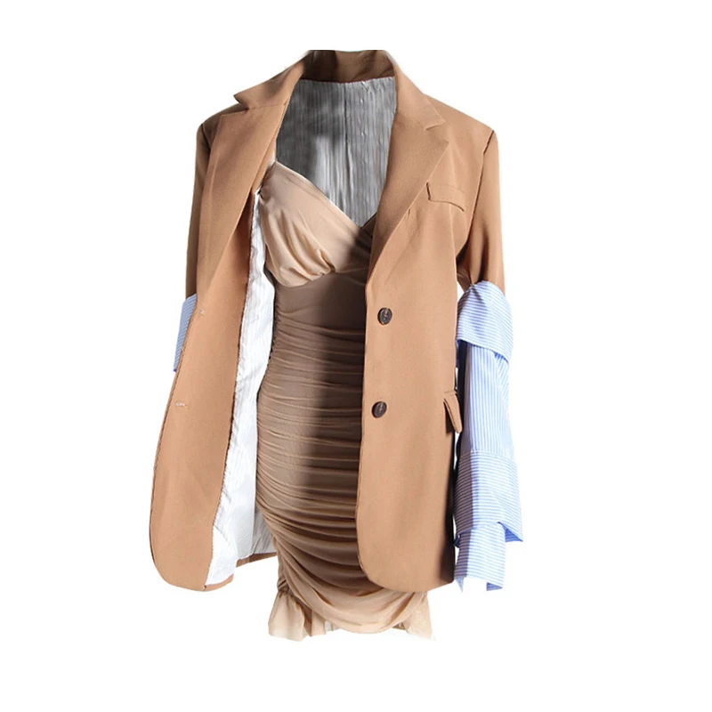 AIMENUNU Patchwork Detachable Striped Sleeve Blazer Coat Female Back Split Large Size Womens Suit Autumn Casual Fashion