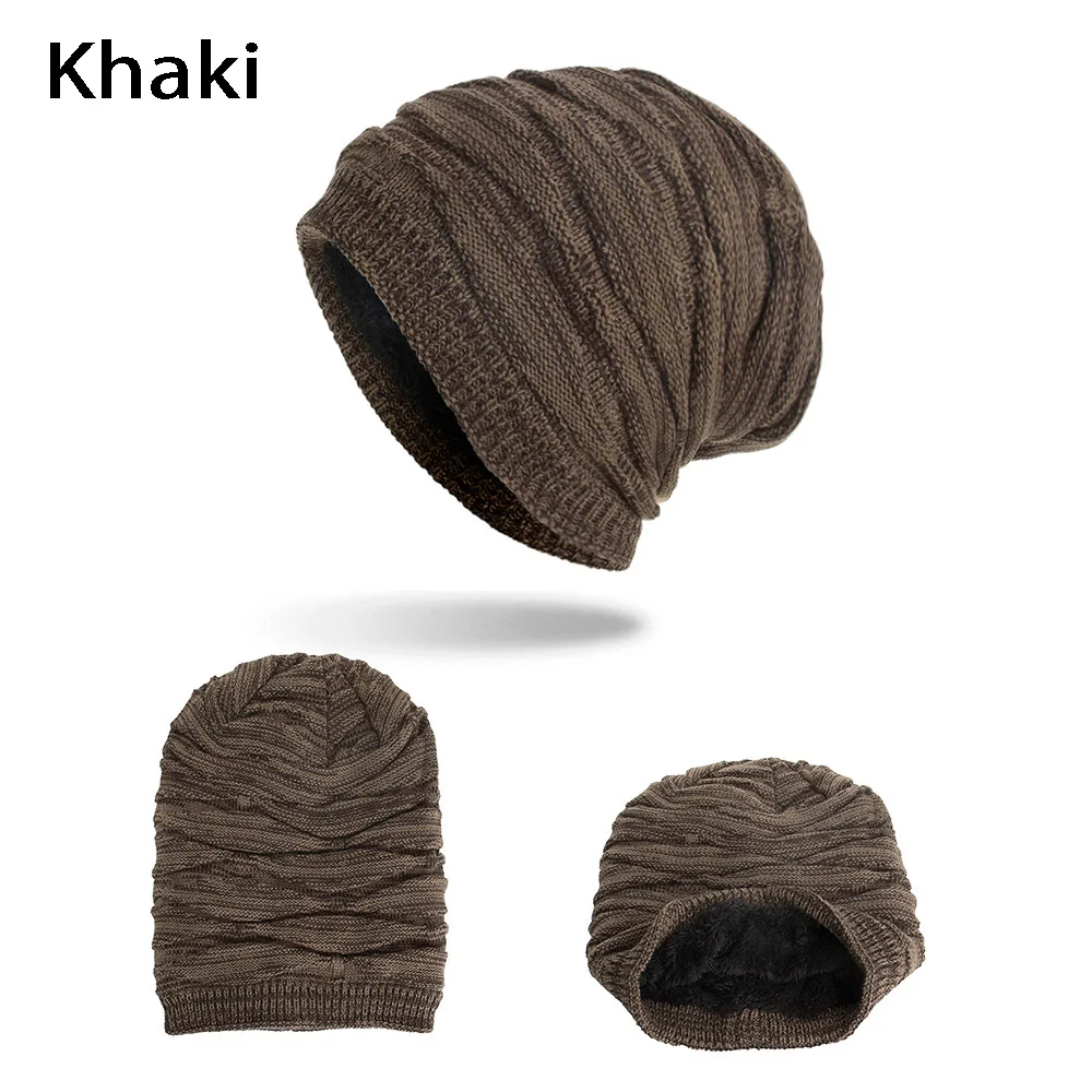 khaki Модная зимняя теплая шапка из плотного флиса для мужчин и женщин, Вязаная Шапка-бини унисекс, повседневная Лыжная шапка, уличная ветрозащитная теплая шапка - Цвет: khaki
