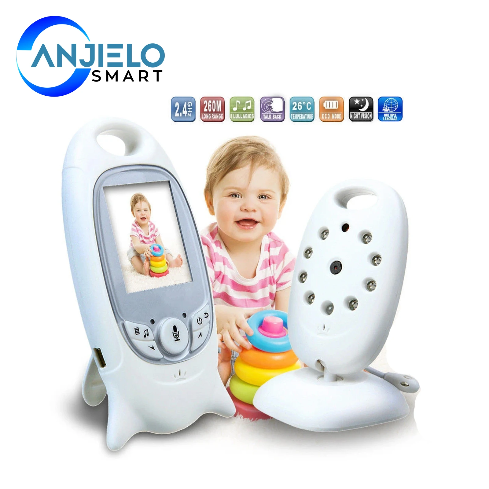 

AnjieloSmart 2 inch Baby Monitor 2 Way-Talk ,Temperature Monitoring Feeding Time Reminder Music babysitter Intercom