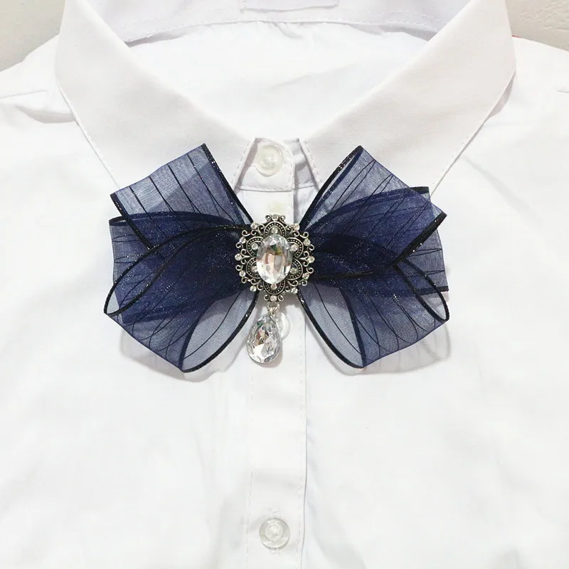 Женская Брошь, прозрачная лента, бант, галстук-бабочка для рубашки, булавки, аксессуары для воротника, брошь, ювелирные изделия - Окраска металла: navy blue
