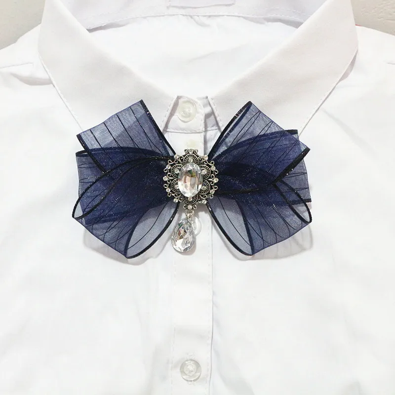 navy blue Женская Брошь, прозрачная лента, бант, галстук-бабочка для рубашки, булавки, аксессуары для воротника, брошь, ювелирные изделия - Окраска металла: navy blue