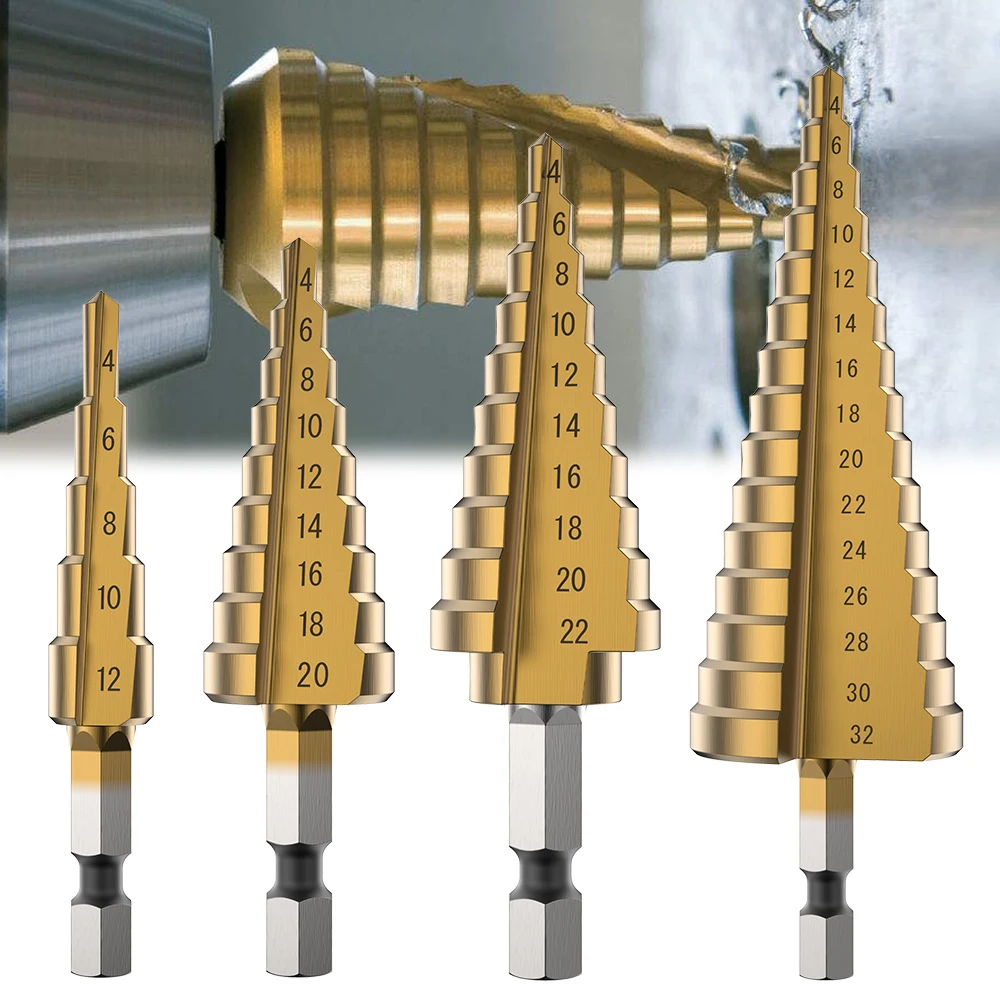 

HSS Step Drill Bit Set Cone Hole Cutter Taper Metric 4 - 12 / 20 / 32mm 1 / 4 " Titanium Coated Metal Hex Core Drill Bits