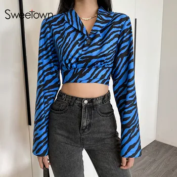 

Sweetown Blue Striped Women Cropped Shirts Cross Lace Up Office Lady 90s Clothes Turn Down Collar Long Sleeve Autumn Blouses