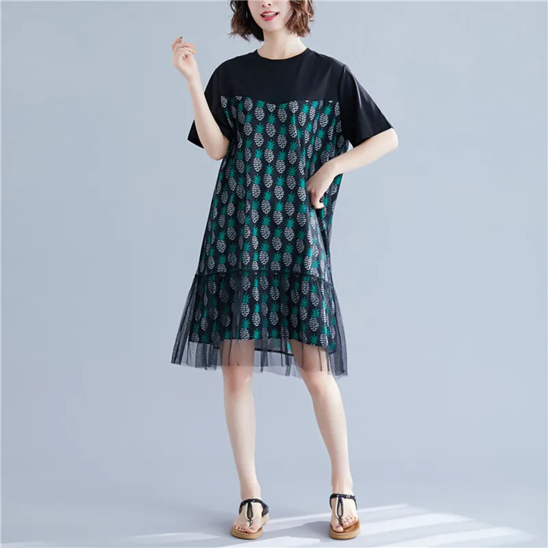 

Johnature Casual Women Clothes 2019 New Splice Mesh Printing Loose Summer Dress O-neck Short Sleeve Simple Comfortable Dresses