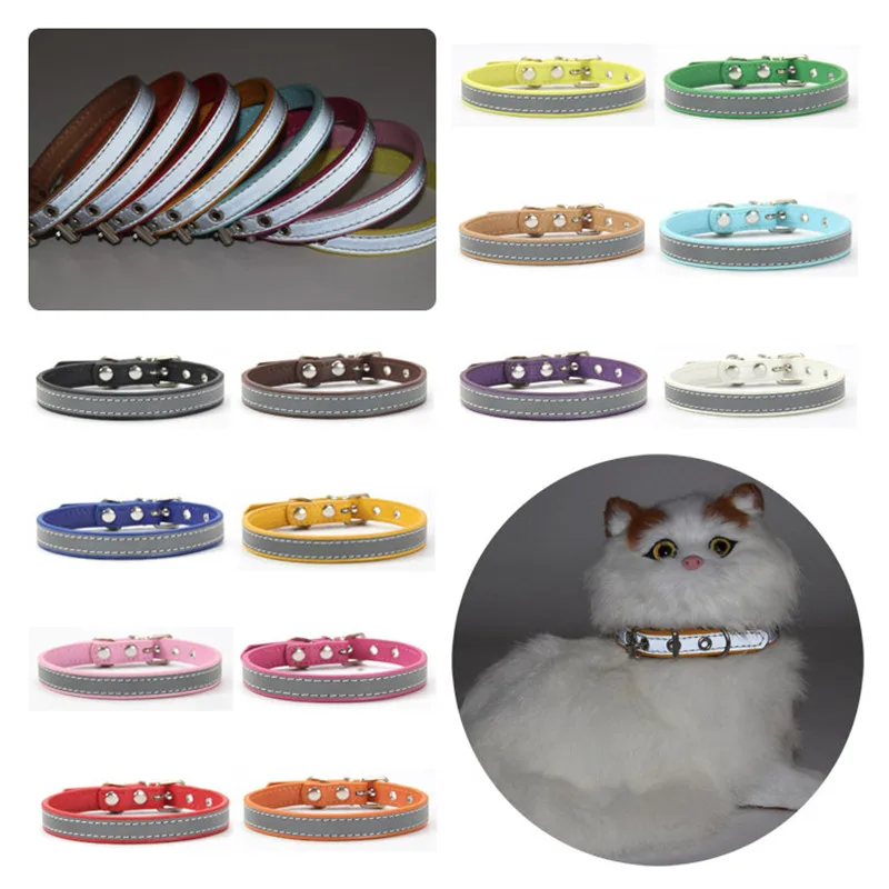 Nuevo perro mascota reflectante Collar de la PU cuero ajustable Collar colorido suministros para mascotas, collares para perro gato perros