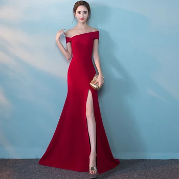 

Off Shoulder Burgundy Evening Party Dress Women High Split Cheongsam Qipao Elegant Full Length Noble Mermaid Vintage Vestidos