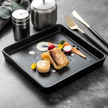 

Japanese Frosted Black Western Steak Salad Plate Household Square Cuisine Dessert Sushi Plate Hotel Restaurant Kitchen Tableware