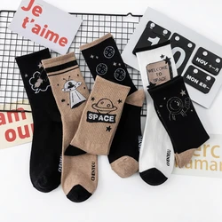 Brown Men's Socks Cartoon Design Funny Socks Astronaut Planet Rocket Striped Alien UFO Black Socks Style Simple Sports Socks Men