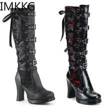 Женские высокие сапоги для костюмированной вечеринки; зимние длинные кожаные сапоги-трубы В рыцарском стиле; классическая черная обувь на высоком каблуке в стиле панк, готика; сапоги до колена