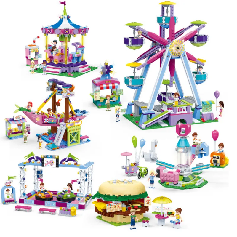 

Compatible Legoinglys City Friends Series Amusement Park Ferris Wheel Burger Shop Corsair Building Blocks Bricks Children Gifts