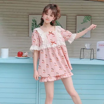 

Summer Sweet Girl Cotton Loose Large Size Casual Home Service Square Collar Bow Lace Side Short Sleeve Pajamas + Shorts Suit