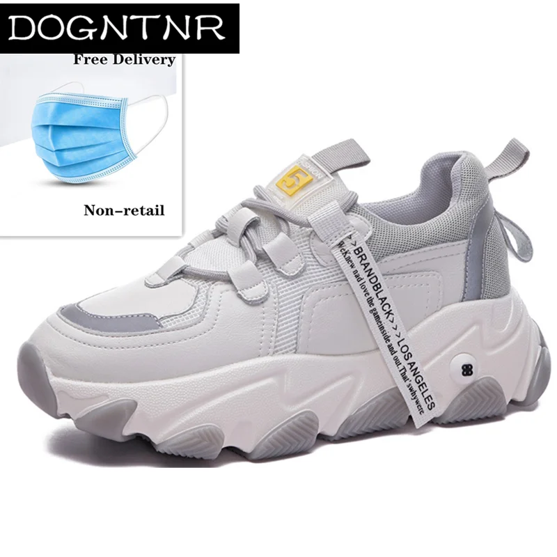 

2020 New Leather Shoes Spring Ladies Sneakers Girls Dad Shoes Thick Bottom 5.5 high Heel Vulcanized Shoes Free Disposable Masks
