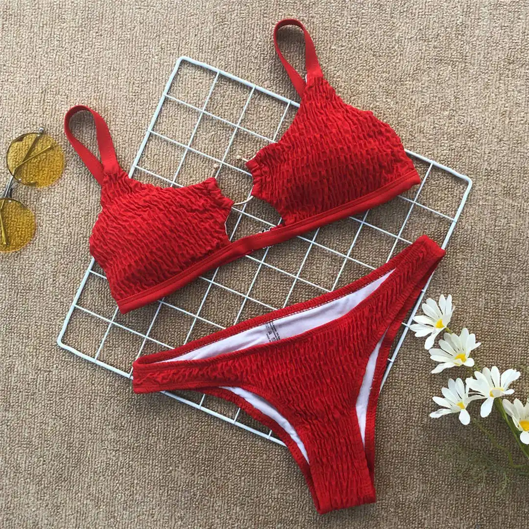 7 Colors Sexy Wrinkled Bikini Women Swimwear Female Swimsuit Two-pieces Bikini set Mid Waist Bather Bathing Suit Swim Lady V2447