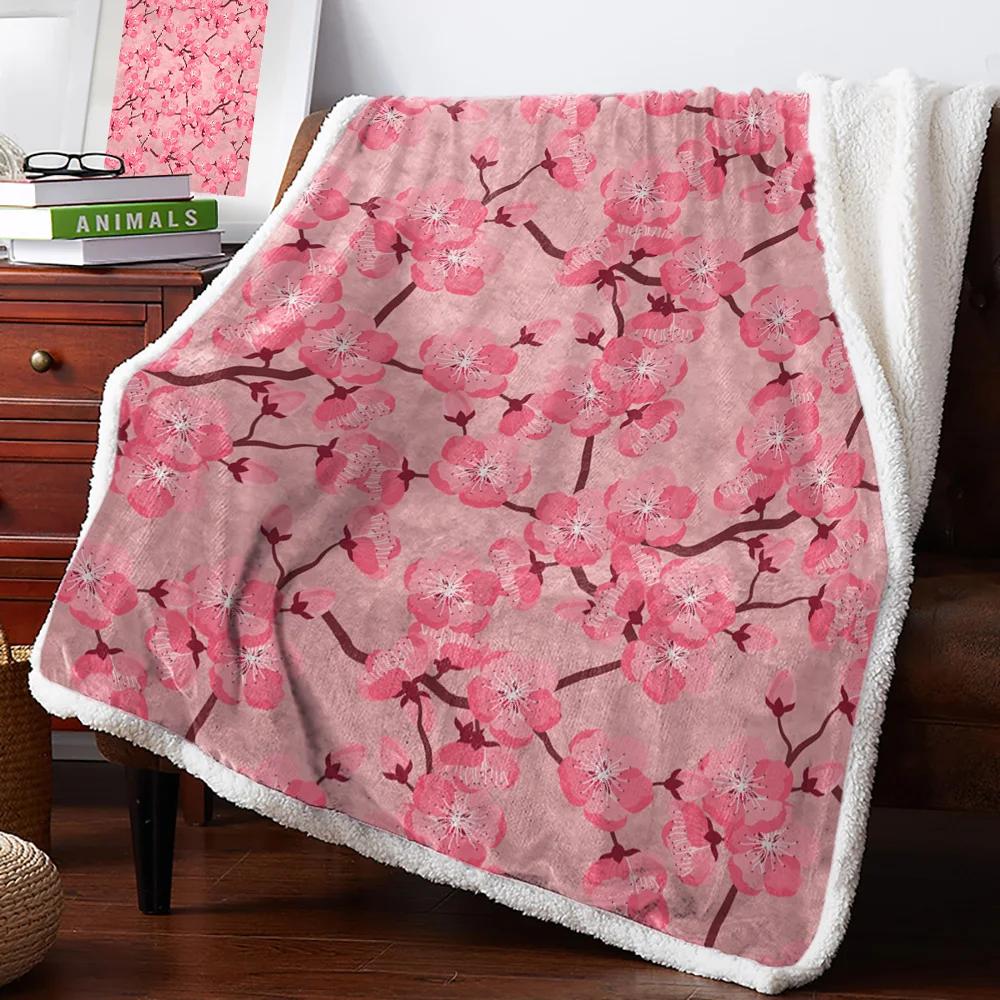 Winter Cashmere Sherpa Blanket Flower Japan Cherry Blossoms Blankets