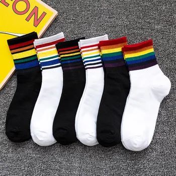 

Women's Cotton Rainbow Striped Socks Japanese Harajuku College Style Socks Fashion Korean All-Match Ladies Socks