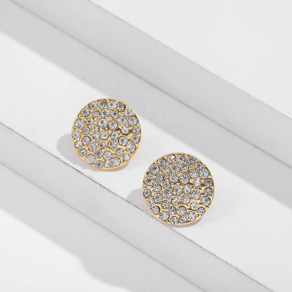 Minimalist Crystal CZ Big Round Stud Earrings for Women Simple Korean Style Gold Rhinestone Elegant Wedding Jewelry | Украшения и