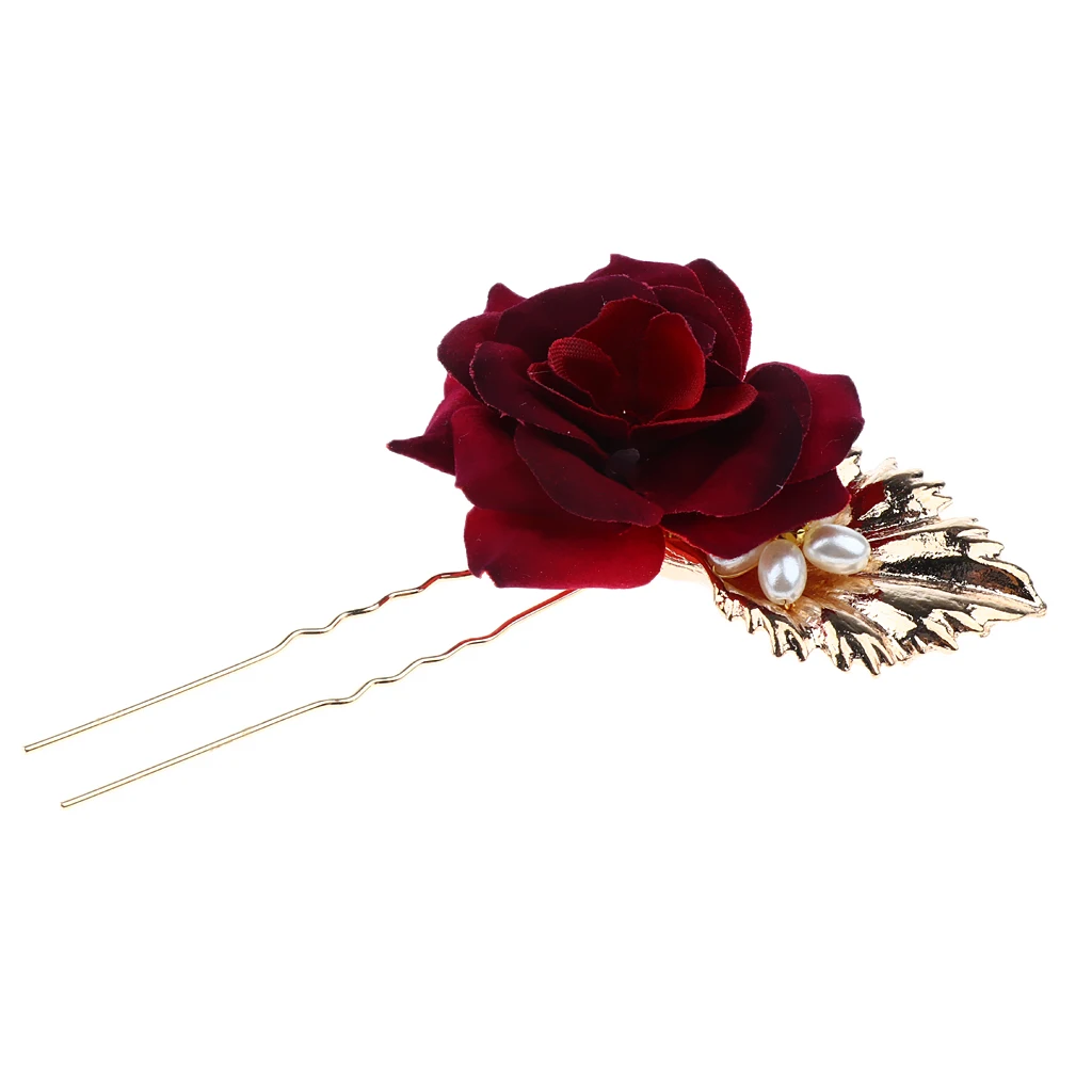 Bridal Pearls Hair Pins Clips Floral Barrette Red Rose Party Hair Jewelry