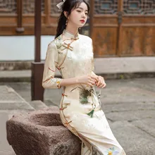 

Cheongsam Dress Women's Plus Size 2022 Spring Cotton Blend Prints Chinese Style Stand Collar Slim Fit Long Qipao Dresses Woman