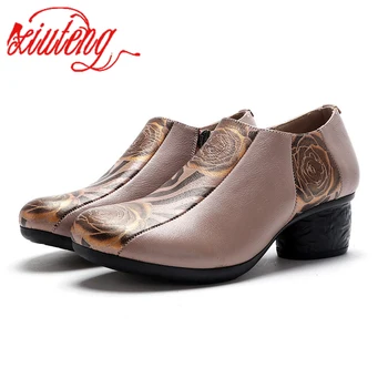 

Glglgege Vintage Flower Embossed Pumps Women Red Genuine Leather Shoes Woman Block High Heel Pumps Women Retro Ladies Shoes New