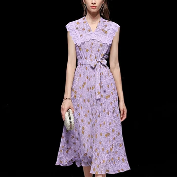 

Seifrmann Summer Fashion Designer Chiffon Dress Women V-Neck Dot Flower Print Bow Belt Bohemian Ruffles Female Midi Dresses 2020